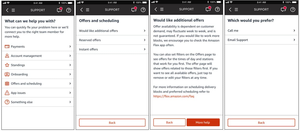 Amazon Flex support options screenshot