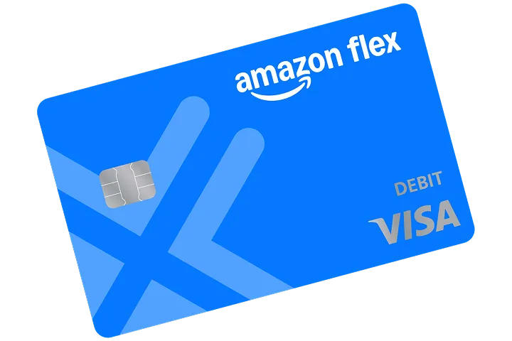 The Amazon Flex debit card is blue with a lighter blue cross motif and reads, 'Amazon Flex Debit Visa'.