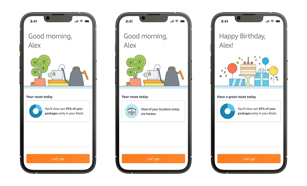 Three side-by-side views of the Amazon Flex app on a phone. They show information about 'Your route today.'